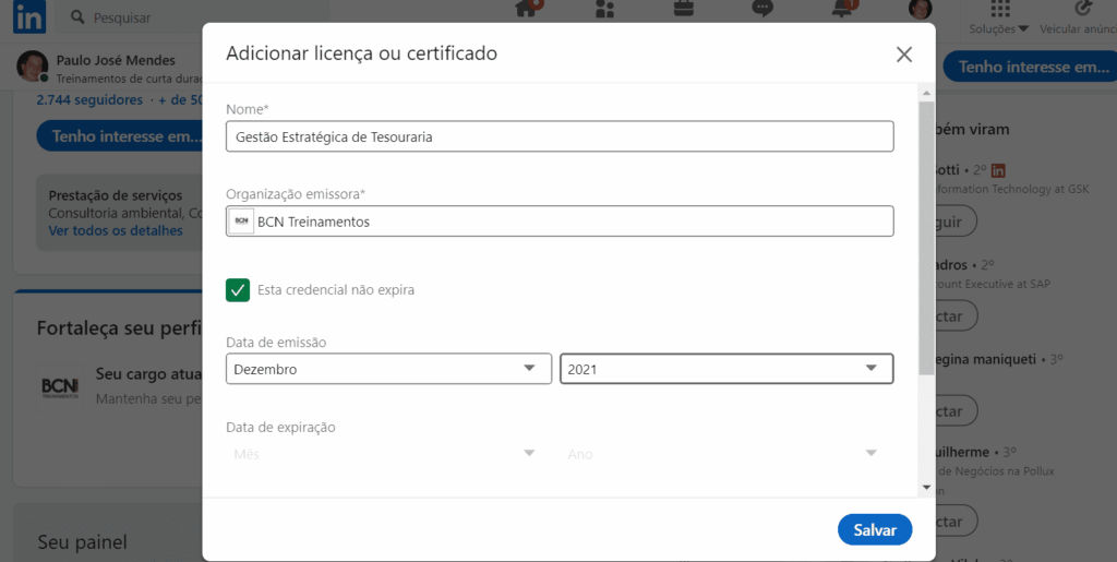 Inserindo certificado no Linkedin