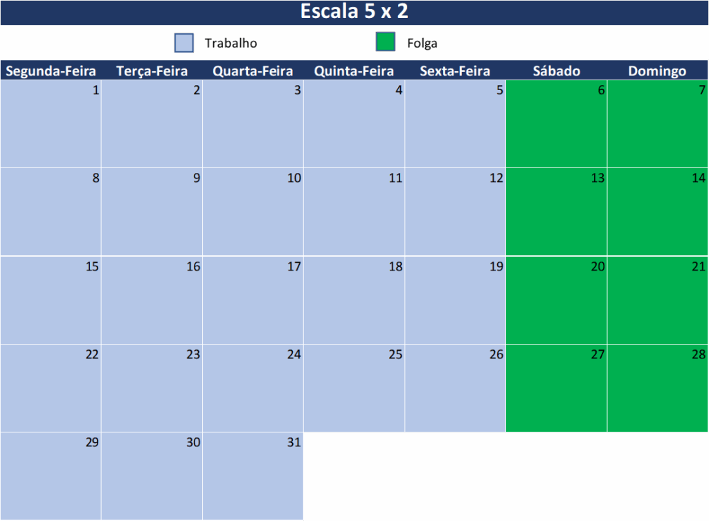 Calendário mensal de uma escala 5x2