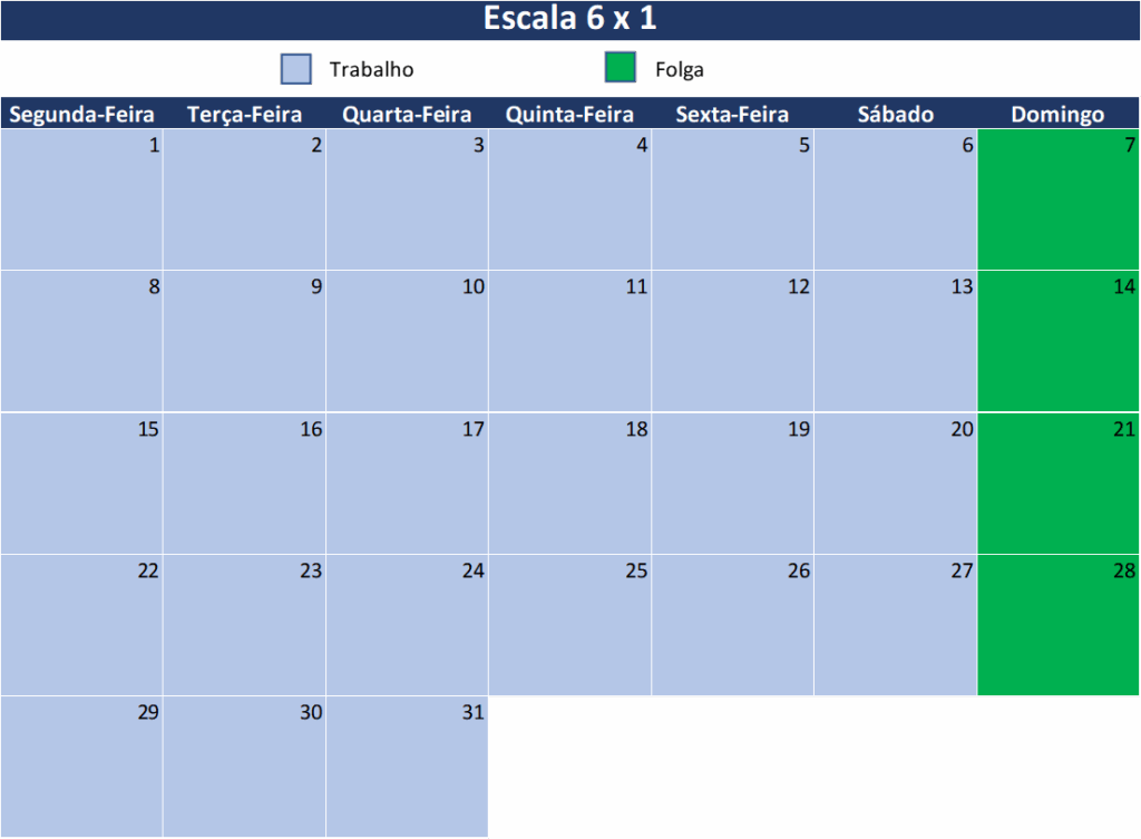 Calendário mensal de escala 6x1
