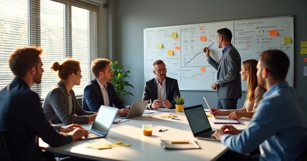 Grupo de empregados ajustando a política de preços da empresa