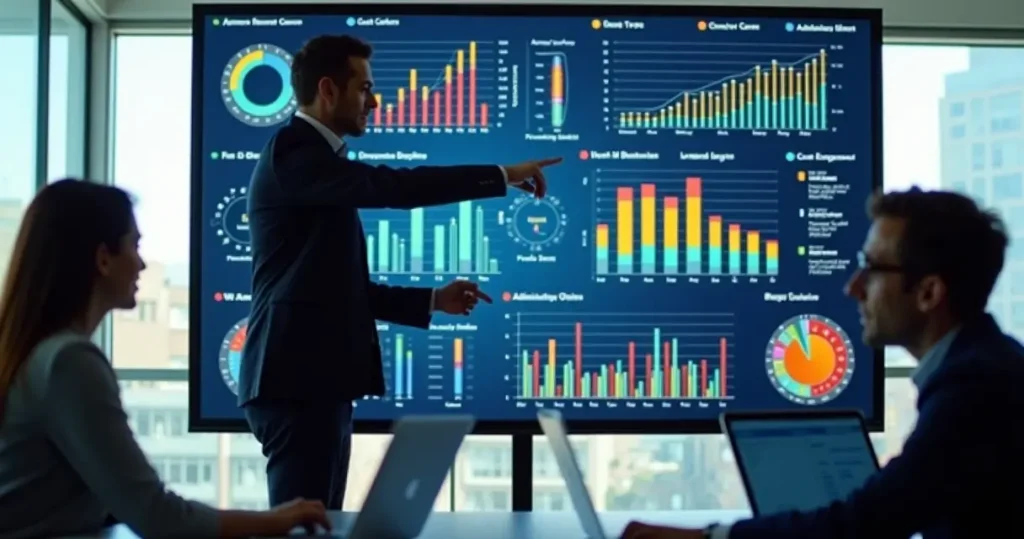 Gestores analisando os gastos dos centros de custo