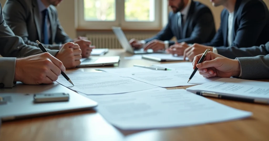 Reunião na empresa com documentos de investigação trabalhista sobre a mesa