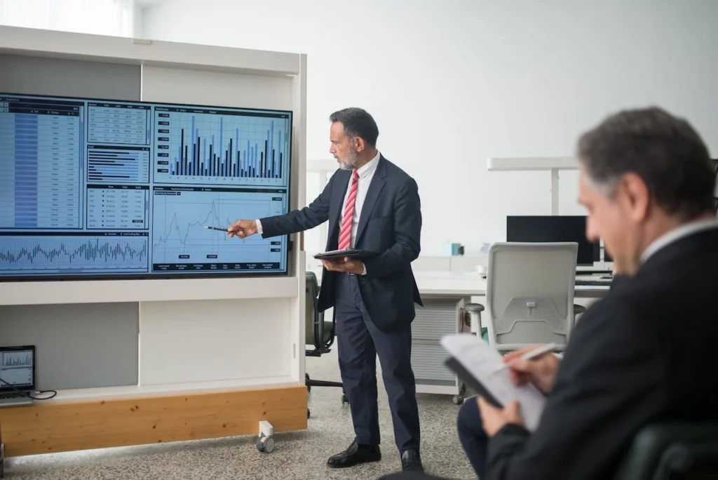 Executivoapresentando gráficos de um dashboard financeiro