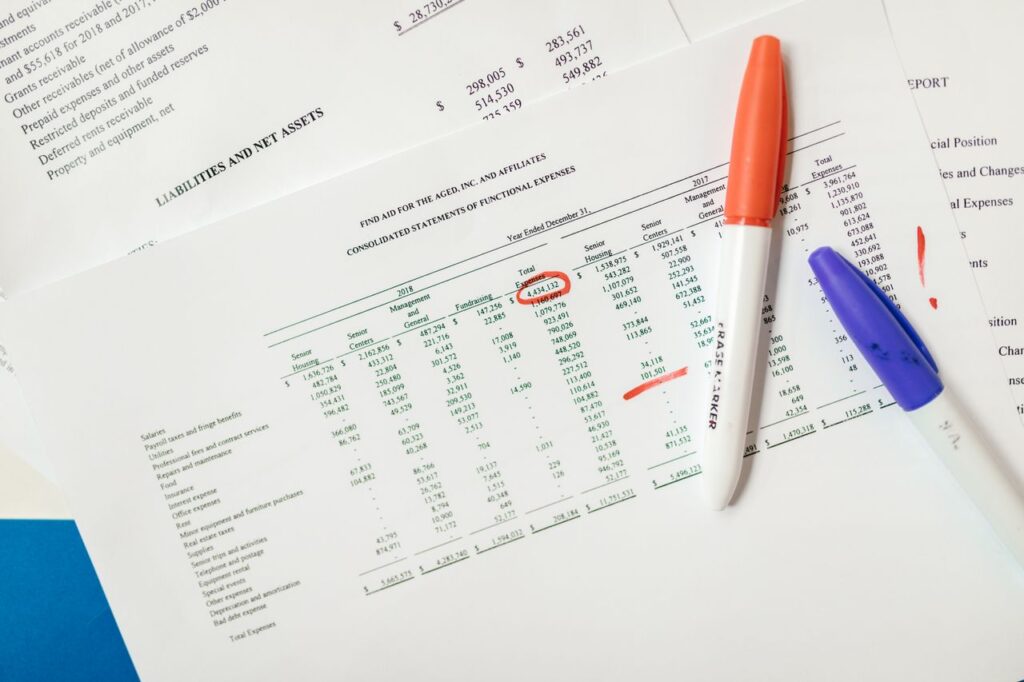 Planilha de relatório financeiro com canetas coloridas