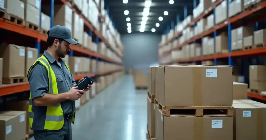 Operador utilizando RFID para controle de estoque