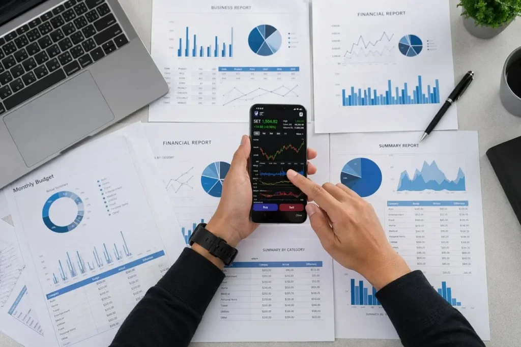 Pessoa analisando relatórios financeiros com smartphone.